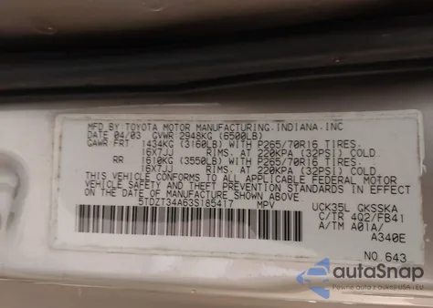 2003 Toyota Sequoia Sr5 V8 из США, поврежденный, VIN 5TDZT34A63S185417